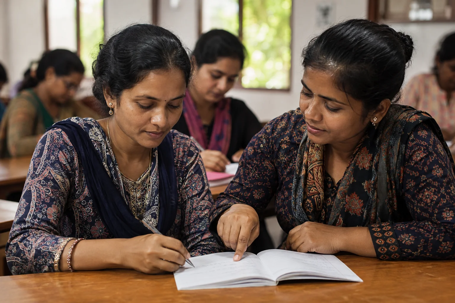 Illustrative AI-generated image: Two women discussing their studies at a community learning table