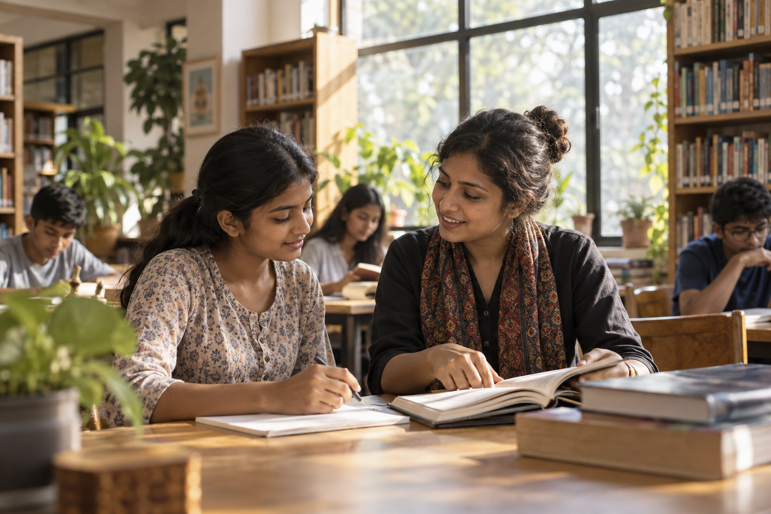 Illustrative AI-generated image: Two women discussing their studies at a community learning table
