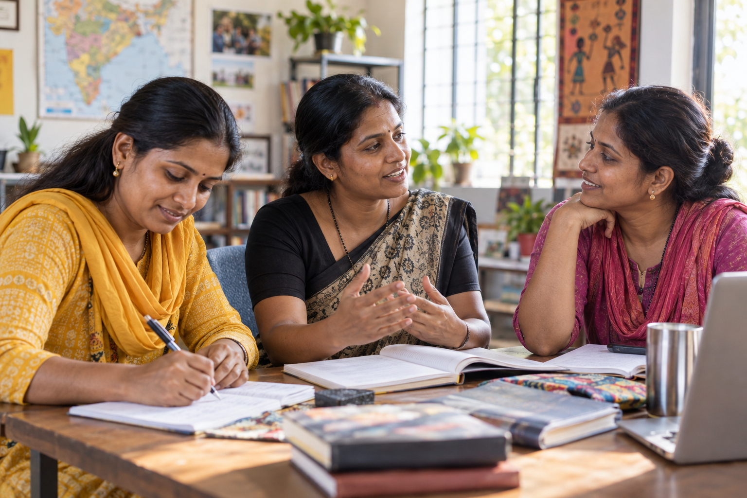 Illustrative AI-generated image: Two women discussing their studies at a community learning table