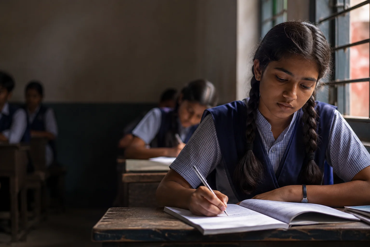 Illustrative AI-generated image of a schoolgirl studying by a window