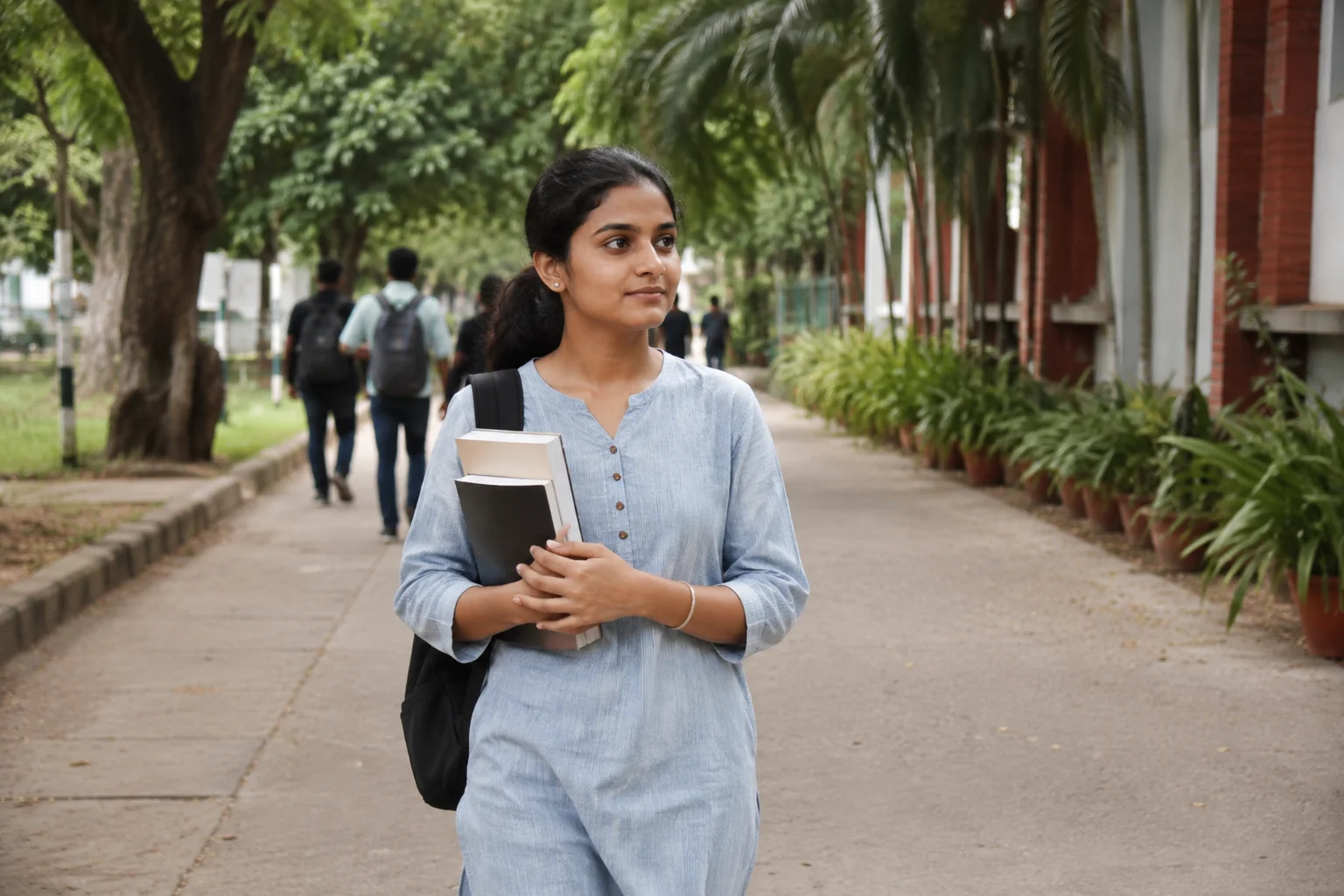 Illustrative AI-generated image: A university student walking across a leafy campus with books